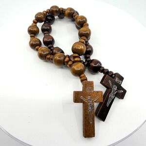 Vintage Brown Wood Beaded Rosary Silver Tone Jesus Crucifix Catholic Prayer 90s